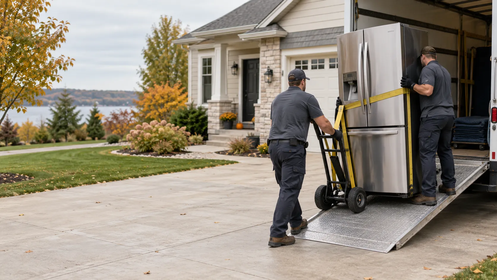 Two workers loading a refrigerator with an appliance dolly