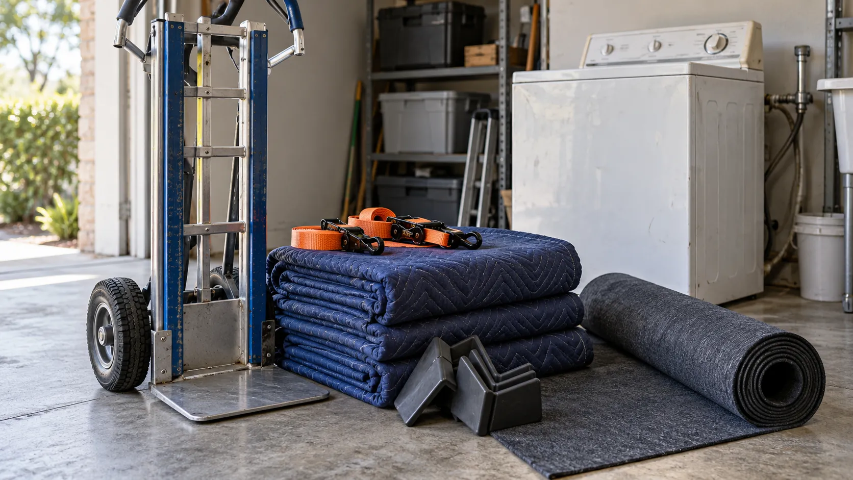Appliance dolly, moving blankets, straps, and floor protection beside a washer
